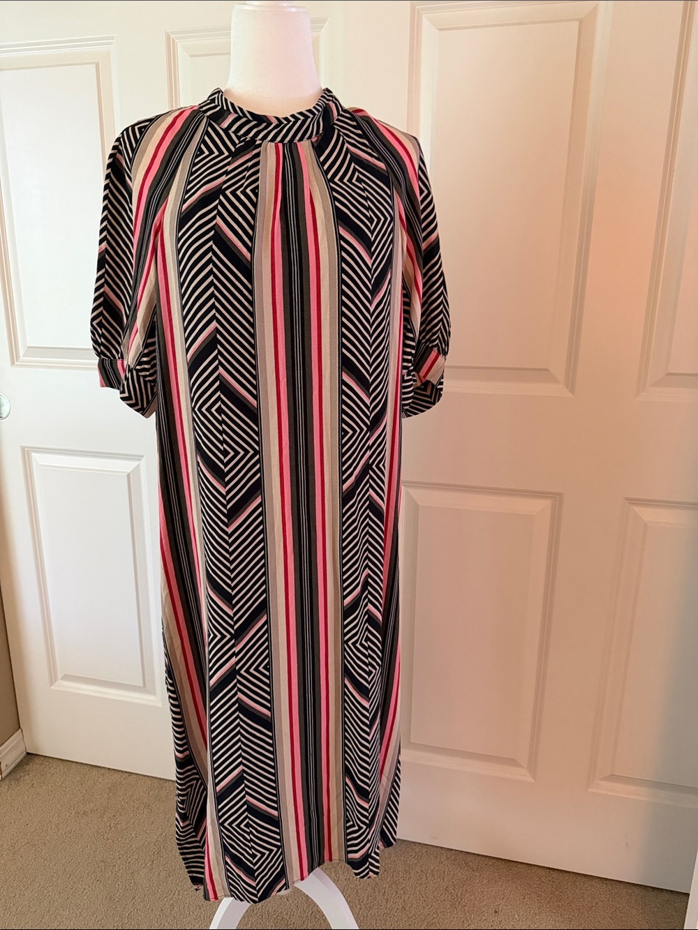 Anthropologie McKenzie Vertical Stripe Midi Dress in Black, Pink & Cream